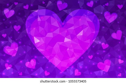 Dark Purple, Pink vector greeting Card Happy Valentine's Day. Lettering with hearts on the white polygonal background. Colored triangular illustration for your business.