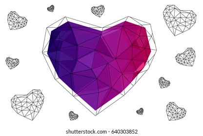Dark Purple, Pink vector greeting Card Happy Valentine's Day. Lettering with hearts on the white polygonal background. Colored triangular illustration for your business.