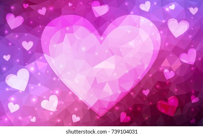 Dark Purple, Pink vector greeting Card Happy Valentine's Day. Lettering with hearts on the white polygonal background. Colored triangular illustration for your business.