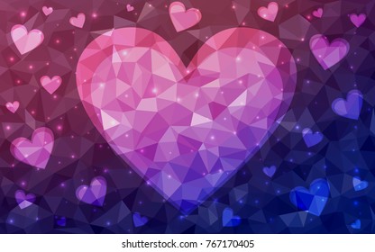 Dark Purple, Pink vector greeting Card Happy Valentine's Day. Lettering with hearts on the white polygonal background. Colored triangular illustration for your business.