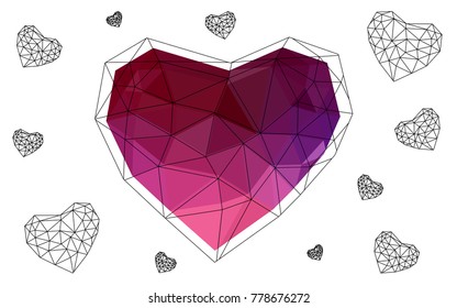 Dark Purple, Pink vector heart isolated on white background. Geometric rumpled triangular low poly origami style gradient graphic illustration. Polygonal design for your business.