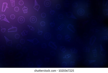 Dark Purple, Pink vector layout with sweet desserts. Illustration with set of sweet food in doodle style. Template of children's food in cafe.