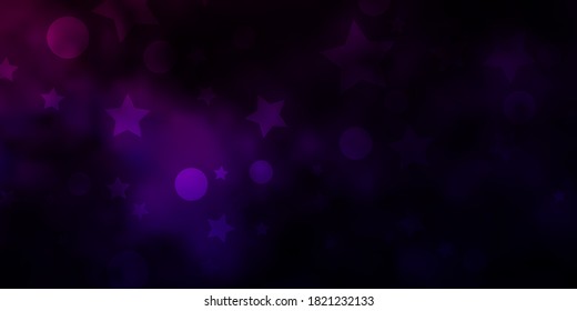Dark Purple, Pink vector layout with circles, stars. Abstract illustration with colorful spots, stars. Design for textile, fabric, wallpapers.