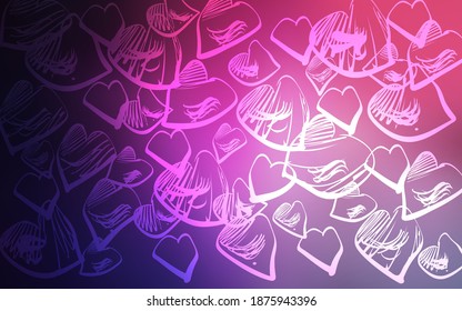 Púrpura oscuro, diseño vector rosado con corazones dulces. Ilustración decorativa brillante con corazones sobre plantilla abstracta. Hermoso diseño para tu anuncio de aniversario de negocios.