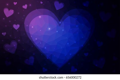 Dark Purple, Pink vector love background with heart. Paper note. Valentine's greeting polygonal card. Triangular illustration for your business. Stock template for your design.