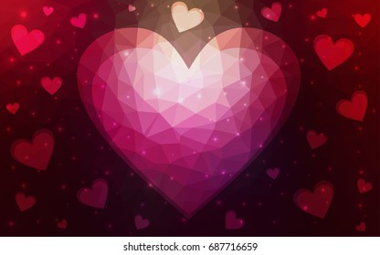 Dark Purple, Pink vector love background with heart. Paper note. Valentine's greeting polygonal card. Triangular illustration for your business. Stock template for your design.