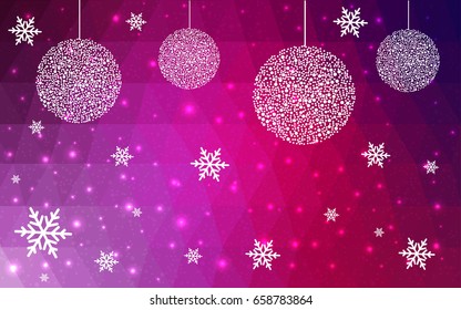 Dark Purple Pink vector low poly crystal background with snowflakes. Polygon christmas design pattern . Low poly illustration of New Year celebration.