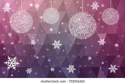 Dark Purple Pink vector low poly crystal background with snowflakes. Polygon christmas design pattern . Low poly illustration of New Year celebration.