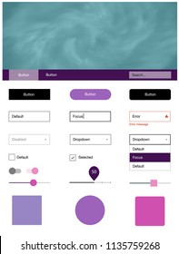 Dark Purple, Pink vector Material Design Kit with stars. Web ui kit with abstract gradient clouds in its header. This template you can use for websites.