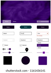 Dark Purple, Pink vector Material Design Kit with stars. Web ui kit with abstract gradient clouds in its header. This template you can use for websites.
