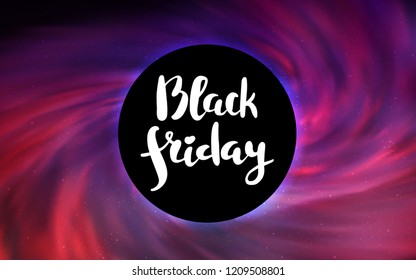Dark Purple, Pink vector pattern with a black hole, stars. Colorful black hole with shining night sky stars. Backdrop for super sales on Black Friday.