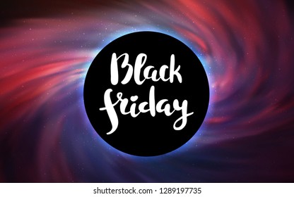 Dark Purple, Pink vector pattern with a black hole, stars. Colorful black hole with shining night sky stars. Backdrop for super sales on Black Friday.
