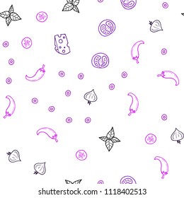 Dark Purple, Pink vector seamless template with organic meal. Glitter abstract sketch with gourmet food. Pattern for menu of cafes, bars, restaurants.