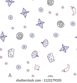 Dark Purple, Pink vector seamless pattern with fresh ingredients. Fast Food on blurred abstract background with colorful gradient. Design for ad, poster, banner of cafes or restaurants.
