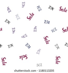 Dark Purple, Pink vector seamless texture with selling prices 30, 40, 50, 70 %. Colored words of sales with gradient on white background. Pattern for ads, posters, banners of sales.