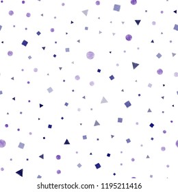 Dark Purple, Pink vector seamless cover with polygonal style with circles. Illustration with set of colorful circles, triangles, squares. Pattern for design of window blinds, curtains.