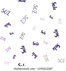 Dark Purple, Pink vector seamless cover with symbols of 50 % sales. Colored words of sales with gradient on white background. Design for business ads, commercials.