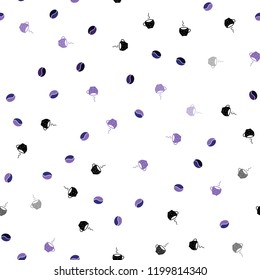 Dark Purple, Pink vector seamless cover with set of coffee beans. Gradient illustration with coffee beans, tea cups. Design for ad, poster, banner of cafes, restaurants.