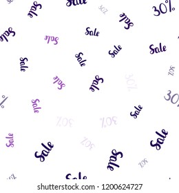Dark Purple, Pink vector seamless cover with symbols of 30 % sales. Colored words of sales with gradient on white background. Backdrop for mega promotions, discounts.