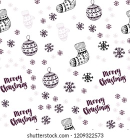 Dark Purple, Pink vector seamless layout with bright snowflakes, balls, socks, mittens. Glitter abstract illustration with gradient. Design for textile, fabric, wallpapers.