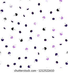 Dark Purple, Pink vector seamless cover with set of coffee beans. Colorful illustration with gradient coffee beans, mugs. Template of a black hot beverage in a cafe.