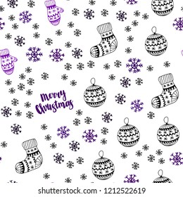 Dark Purple, Pink vector seamless texture with colored snowflakes, balls, socks, mittens. Shining colorful illustration in christmas style. Design for textile, fabric, wallpapers.