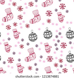 Dark Purple, Pink vector seamless layout with bright snowflakes, balls, socks, mittens. Colorful illustration with xmas symbols. Design for wallpaper, fabric makers.