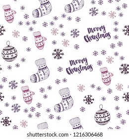 Dark Purple, Pink vector seamless layout with bright snowflakes, balls, socks, mittens. Shining colorful illustration in christmas style. Pattern for design of fabric, wallpapers.