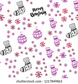 Dark Purple, Pink vector seamless background with xmas snowflakes, balls, socks, mittens. Colorful illustration with xmas symbols. Design for wallpaper, fabric makers.