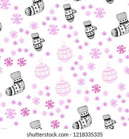Dark Purple, Pink vector seamless layout with bright snowflakes, balls, socks, mittens. Colorful xmas elements with gradient. Template for business cards, websites.