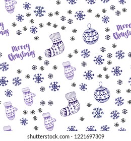 Dark Purple, Pink vector seamless background with xmas snowflakes, balls, socks, mittens. Colorful xmas elements with gradient. Texture for window blinds, curtains.