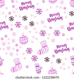 Dark Purple, Pink vector seamless texture with colored snowflakes, balls, socks, mittens. Shining colorful illustration in christmas style. Pattern for design of fabric, wallpapers.