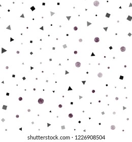 Dark Purple, Pink vector seamless layout with circles, lines, rectangles. Illustration with set of colorful circles, triangles, squares. Design for textile, fabric, wallpapers.