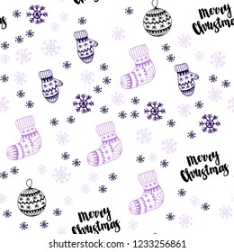 Dark Purple, Pink vector seamless template with ice snowflakes, balls, socks, mittens. Shining colorful illustration in christmas style. Pattern for trendy fabric, wallpapers.