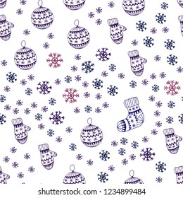 Dark Purple, Pink vector seamless pattern with christmas snowflakes, balls, socks, mittens. Glitter abstract illustration with gradient. Pattern for design of fabric, wallpapers.