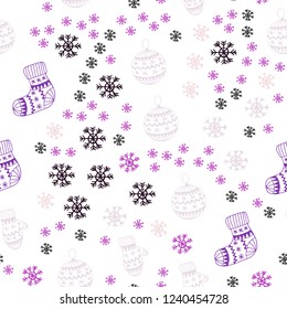Dark Purple, Pink vector seamless texture with colored snowflakes, balls, socks, mittens. Shining colorful illustration in christmas style. Pattern for design of fabric, wallpapers.