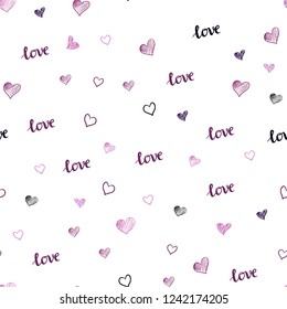 Dark Purple, Pink vector seamless backdrop with phrase LOVE YOU, hearts. Illustration with words of love, hearts in abstract style. Pattern for design of fabric, wallpapers.