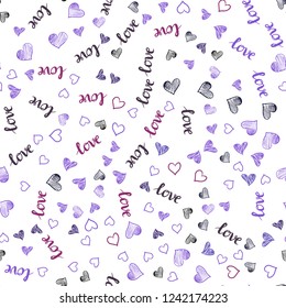 Dark Purple, Pink vector seamless background with words of love, hearts. Colorful gradient phrase LOVE YOU, hearts in abstract style. Pattern for trendy fabric, wallpapers.