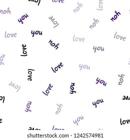 Dark Purple, Pink vector seamless cover with quote LOVE YOU. Decorative design in doodle style with text LOVE YOU. Texture for window blinds, curtains.