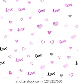 Dark Purple, Pink vector seamless pattern with phrase LOVE YOU, hearts. Colorful illustration with quote LOVE YOU, hearts. Texture for window blinds, curtains.