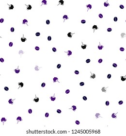 Dark Purple, Pink vector seamless template with cups of coffee, beans. Gradient illustration with set of mugs, beans. Pattern for menu of cafes and restaurants.