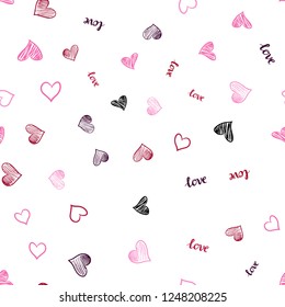 Dark Purple, Pink vector seamless pattern with phrase LOVE YOU, hearts. Illustration with words of love, hearts in abstract style. Design for textile, fabric, wallpapers.