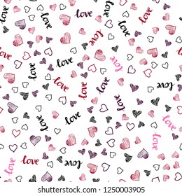 Dark Purple, Pink vector seamless cover with quote LOVE YOU, hearts. Illustration with words of love, hearts in abstract style. Pattern for trendy fabric, wallpapers.