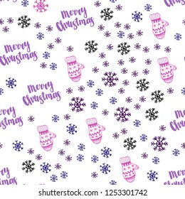 Dark Purple, Pink vector seamless pattern with christmas snowflakes, balls, socks, mittens. Colorful decorative design in xmas style. Texture for window blinds, curtains.