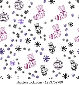 Dark Purple, Pink vector seamless pattern with christmas snowflakes, balls, socks, mittens. Modern geometric abstract illustration. Pattern for design of fabric, wallpapers.