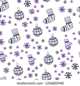 Dark Purple, Pink vector seamless texture with colored snowflakes, balls, socks, mittens. Glitter abstract illustration with gradient. Pattern for trendy fabric, wallpapers.