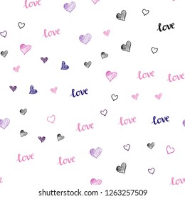 Dark Purple, Pink vector seamless pattern with phrase LOVE YOU, hearts. Illustration with words of love, hearts in abstract style. Pattern for trendy fabric, wallpapers.