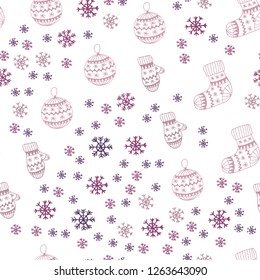 Dark Purple, Pink vector seamless template with ice snowflakes, balls, socks, mittens. Modern geometric abstract illustration. Texture for window blinds, curtains.