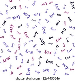 Dark Purple, Pink vector seamless pattern with phrase LOVE YOU. Decorative illustration with words of love in abstract style. Design for textile, fabric, wallpapers.