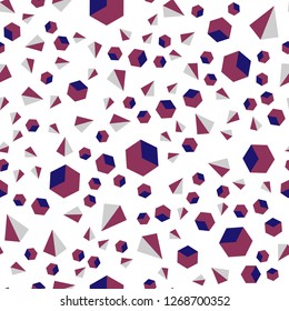 Dark Purple, Pink vector seamless, isometric background with triangles, cubes. Illustration with set of colorful triangles, squares. Pattern for trendy fabric, wallpapers.